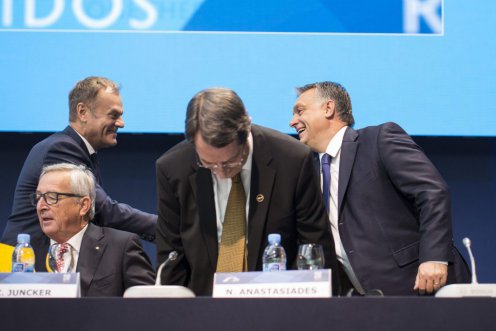Jean-Claude Juncker, az Európai Bizottság elnöke, Donald Tusk, az Európai Tanács elnöke, Nikosz Anasztasziadesz ciprusi elnök és Orbán Viktor Fotó: Szecsődi Balázs/Miniszterelnöki Sajtóiroda