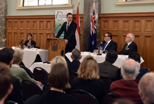 Péter Szijjártó gives a lecture in Wellington, in New Zealand’s Parliament Photo: Ministry of Foreign Affairs and Trade