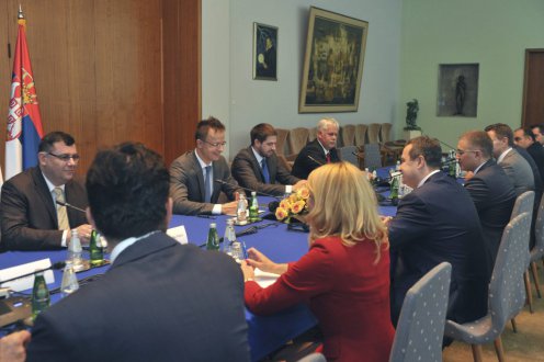 Minister of Foreign Affairs and Trade Péter Szijjártó conducts talks with Serbian Minister of Foreign Affairs Ivica Dacic and Serbian Minister of Internal Affairs Nebojsa Stefanovic on 18 September 2015 in Belgrade. Next to Mr Szijjártó on the left is Hungarian Ambassador to Belgrade Attila Pintér, while to his right are Levente Magyar, State Secretary for Economic Diplomacy at the Ministry of Foreign Affairs and Trade and Zsolt Csutora, Deputy State Secretary for Easterly Opening. Photo: Ministry of Foreign Affairs and Trade